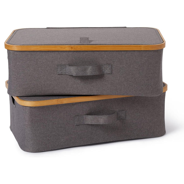 LUMALAND Aufbewahrungsbox mit Bambus-Rahmen - 54 x 33 x 18 cm - 2er-Set - Grau, faltbar und platzsparend für Bettwäsche.