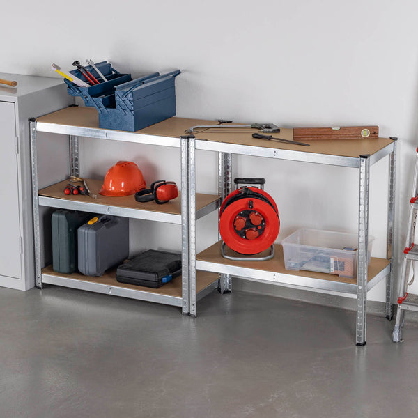 EASYmaxx Schwerlastregal mit GS & FSC, 5 belastbare Holzböden, silber/holzfarben, stabile Lagerlösung für Werkstatt und Garage.