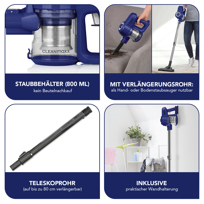 CLEANmaxx Akku-Zyklon-Staubsauger blau/silber mit 800 ml Staubbehälter, Teleskoprohr bis 80 cm und Wandhalterung.