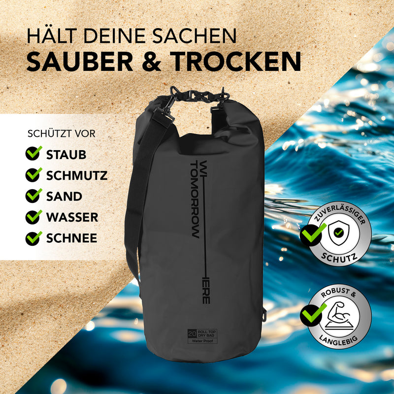 Where Tomorrow Dry Bag 20L - Style 02 - Schwarz, wasserdichter und robuster Outdoor-Rucksack mit UV-Schutz und Rolltop-Verschluss.