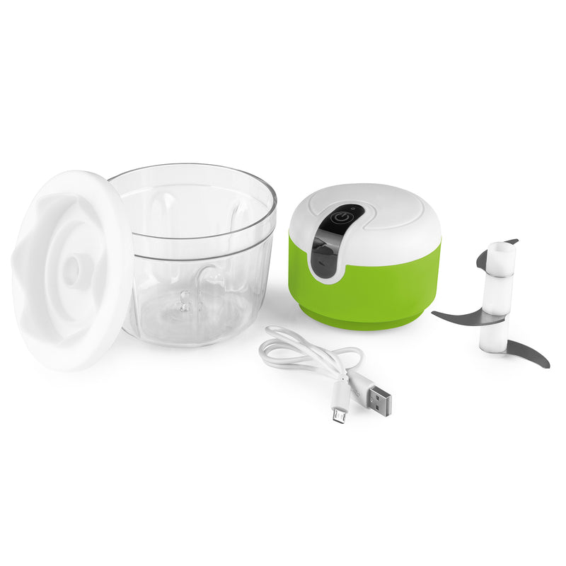 MAXXMEE Multi-Zerkleinerer mit USB-Kabel weiß/limegreen, Akku-Zerkleinerer mit Edelstahlklingen und 350 ml Mixbehälter.