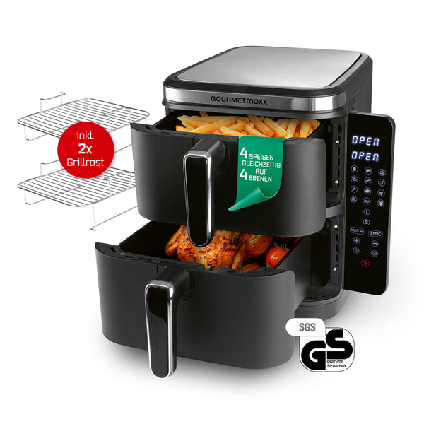 GOURMETmaxx FryUp Vertikale Doppelkammer-Heißluftfritteuse mit 4 Ebenen, 10 Liter Volumen und 2 Grillrosten für platzsparendes Garen.