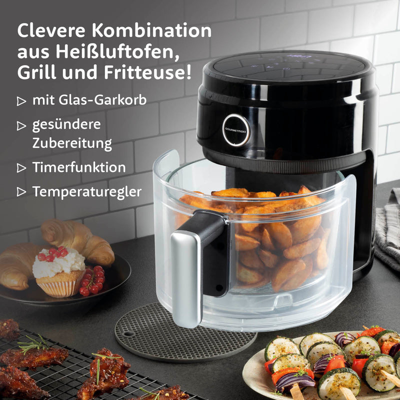 GOURMETmaxx Heißluft-Fritteuse Digital mit Glas-Garkorb 3,3 l schwarz, mit Timer, Temperaturregler und Glas-Garkorb für gesünderes Garen.