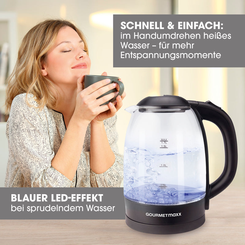 GOURMETmaxx Glas-Wasserkocher 1,7 l schwarz mit LED-Beleuchtung, Wasserstandsanzeige und kabellosem 360° drehbaren Wasserbehälter.