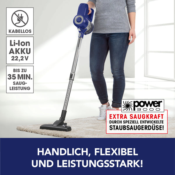 CLEANmaxx Akku-Zyklon-Staubsauger blau/silber mit kabelloser Li-Ion Akku-Technologie und extra Saugleistung für flexible Reinigung bis zu 35 Min.