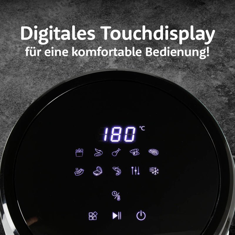 GOURMETmaxx Heißluft-Fritteuse Digital mit Glas-Garkorb 3,3 l schwarz mit Touchdisplay und Temperaturregelung bis 200 °C.