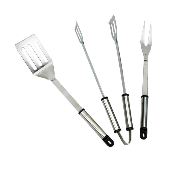 GRILLCHEF Grillbesteck-Set - 3-tlg. aus Edelstahl mit Gabel, Zange und Wender in silber für Grill und BBQ.