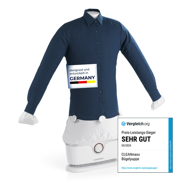 CLEANmaxx Hemdenbügler PRO für Oberbekleidung in Silber/Weiß mit Bügelpuppe und hoher Trocknungsleistung.