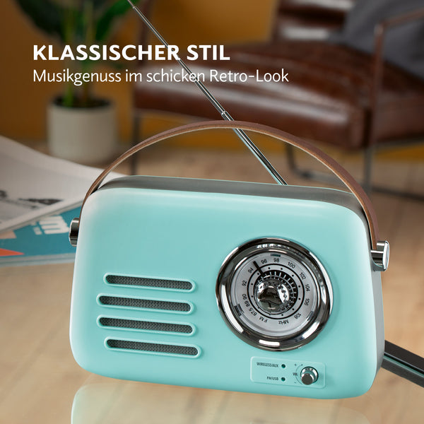EASYmaxx Radio Retro - Stil der 50er-Jahr - mint mit Drehregler, Teleskopantenne und Tragegriff im klassischen Retro-Design.