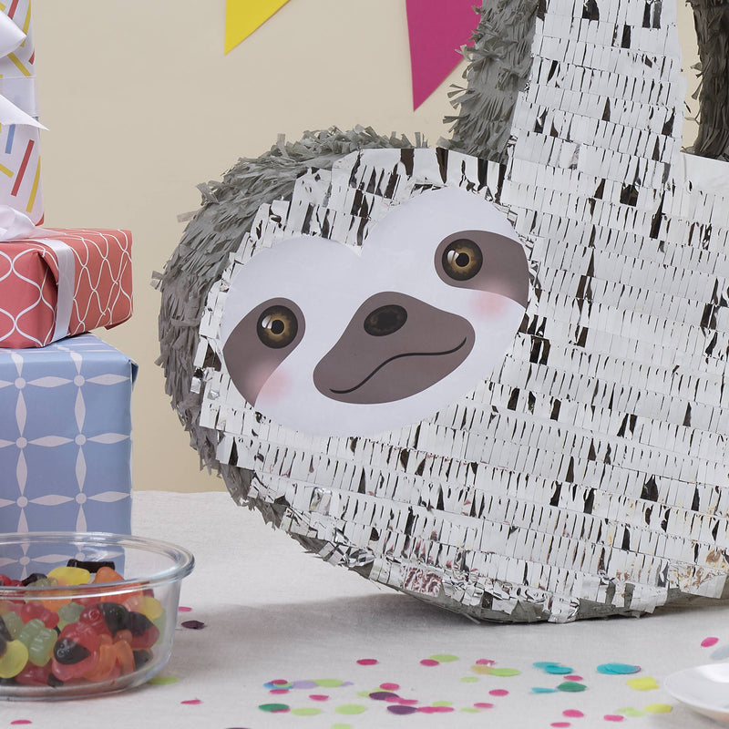 LUMALAND Pinata Set zum Befüllen inkl. Schläger & Augenbinde "Faultier" - bunte Kindergeburtstags-Pinata mit lustigem Faultier-Design.