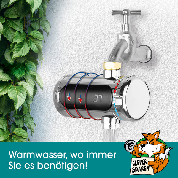 EASYmaxx Universal-Durchlauferhitzer mit digitaler LED-Temperaturanzeige für sofort warmes Wasser und niedrigen Wasserverbrauch.