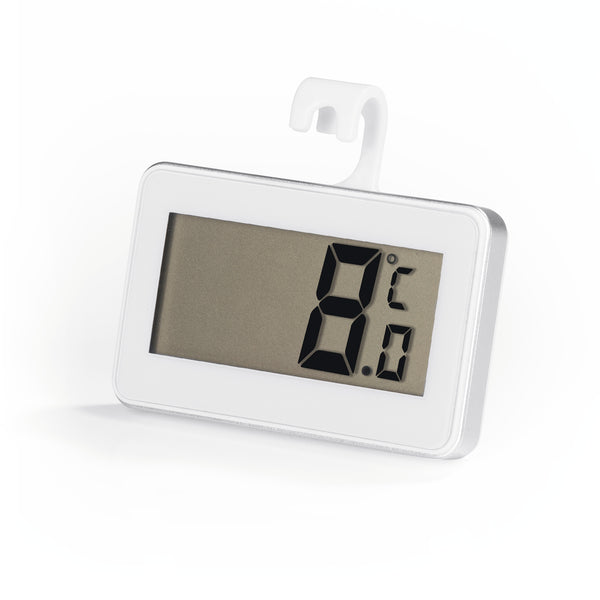 EASYmaxx Kühlschrank Thermometer - Weiß mit großem LCD-Display, Temperaturmessung von -20 °C bis +60 °C, mit Multihaken und Magnet.