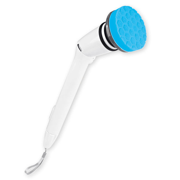 CLEANmaxx Akku-Reinigungsbürsten-Set weiß/schwarz mit Verlängerungsstange und blauem Bürstenaufsatz, ideal für vielseitige Reinigung.