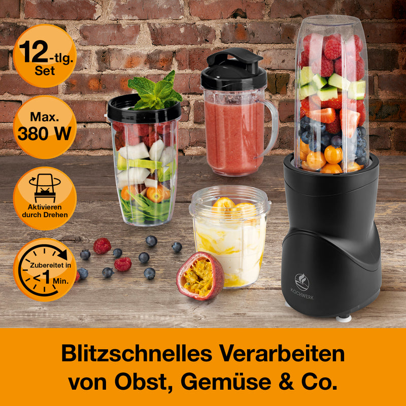 KOCHWERK Multifunktions-Mixer - Schwarz mit 8 Funktionen für Smoothies, Dips, Kaffee mahlen, To-go-Deckel und Eiscrushen.