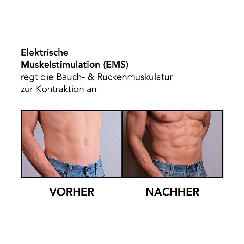 MAXXMEE Bauchmuskelgürtel EMS zeigt Vorher-Nachher Ergebnis bei Muskelstimulation mit 6 Programmen und 9 Intensitätsstufen in Schwarz.