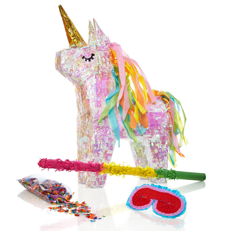 LUMALAND Pinata Einhorn Set mit Magic Holographic Rainbow Unicorn, Schläger, Maske und 50g Konfetti für Kindergeburtstag.