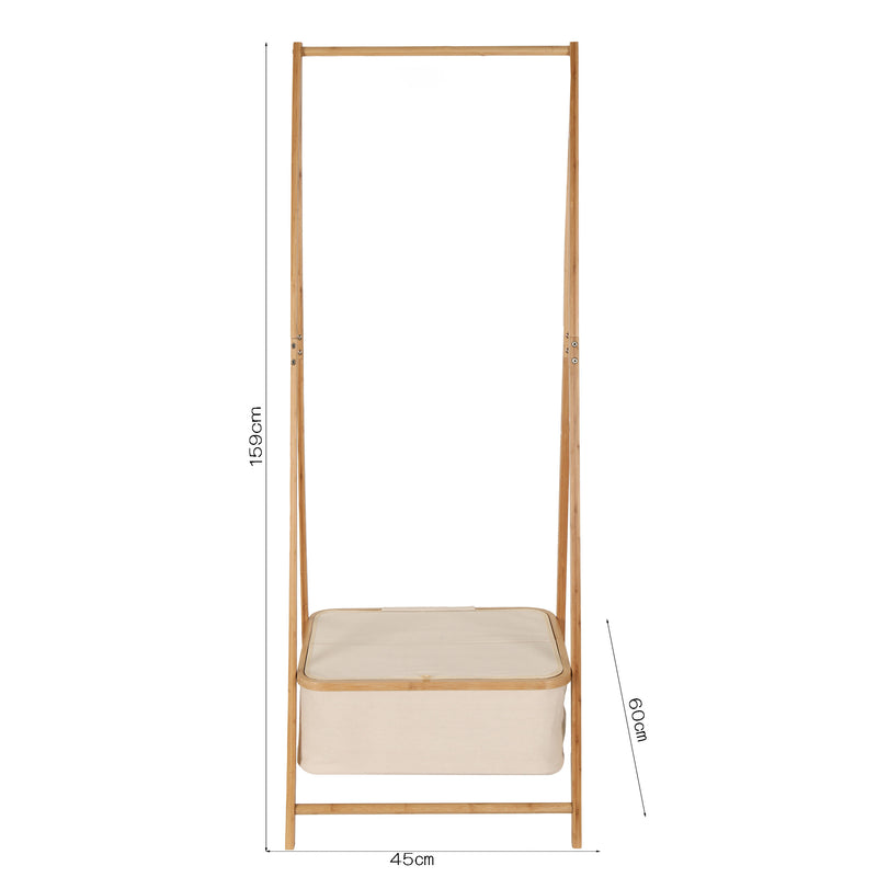 LUMALAND Kleiderständer aus Bambus 159x60x45 cm in Beige, stabil mit Ablagefach für Jacken und Accessoires.
