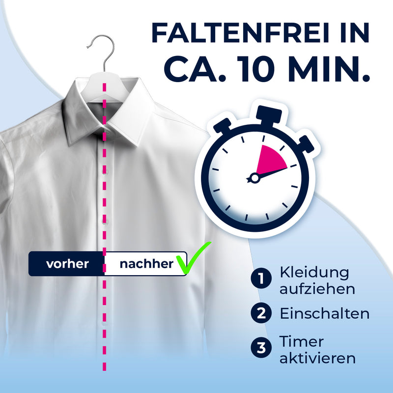 CLEANmaxx Hemdenbügler PRO zeigt faltenfreies Hemd nach 10 Min automatischem Trocknen und Bügeln.