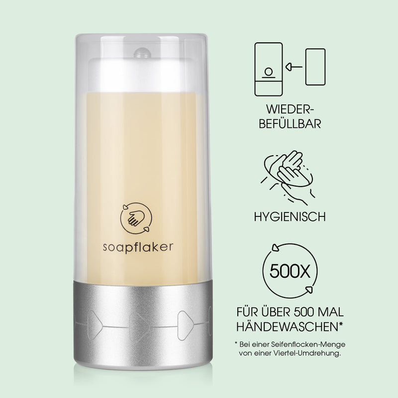 soapflaker Seifenspender für feste Handseife in Silber mit hygienischem Portionieren und wiederbefüllbar für Aloe-Vera Seifenstück.