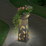 EASYmaxx LED-Dekosäule mit Pflanzschale in Beton-Optik grau, warmweiß leuchtend, mit Gingko-Design für Garten und Terrasse.