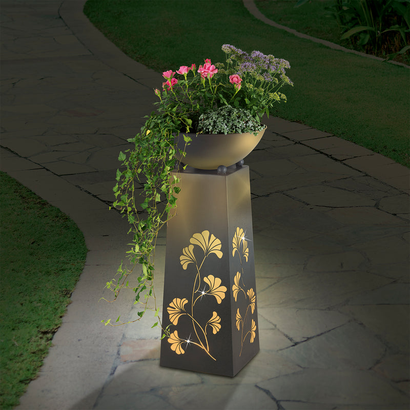 EASYmaxx LED-Dekosäule mit Pflanzschale in Beton-Optik grau, warmweiß leuchtend, mit Gingko-Design für Garten und Terrasse.