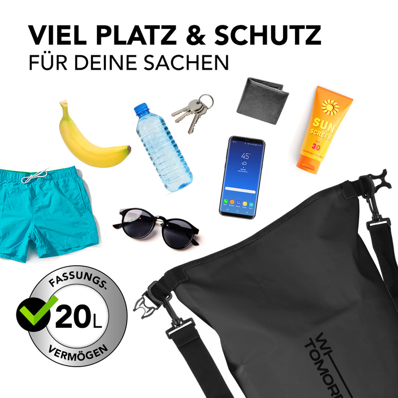 Where Tomorrow Dry Bag 20L - Schwarz wasserdichter, robuster Rucksack mit UV-Schutz und verstellbarem Schultergurt für Outdoor-Abenteuer.