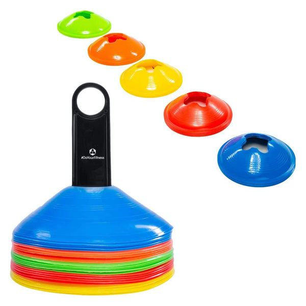 #DoYourFitness Hütchenset (25 Stück) mit Transportständer, farbige Markierungshütchen 19 cm für Agility- und Koordinationstraining.