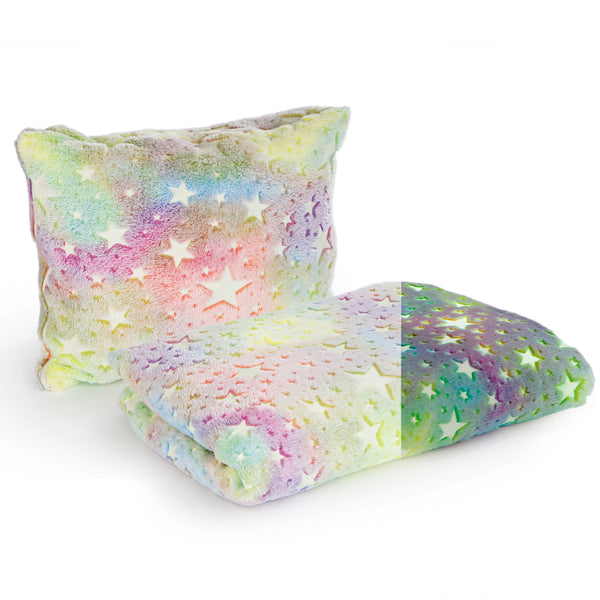 MAXXMEE Verwandlungskissen Glow in the dark Reisekissen Kinder Kissen Kopfkissen Fleecedecke 2in1 mit leuchtenden Sternen und Einhornmuster bunt