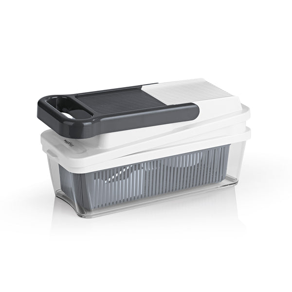 MAXXMEE Multi-Schneider Dicer Plus 17-tlg. grau/weiß mit 8 Einsätzen und Sieb zum Schneiden, Würfeln, Raspeln und Waschen von Obst und Gemüse.