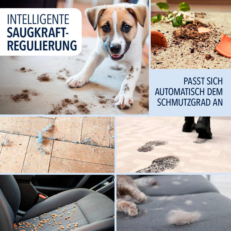 CLEANmaxx AeroTec 500 Staubsauger mit Absaugstation zeigt intelligente Saugkraftregulierung und automatische Anpassung an Schmutzgrad.