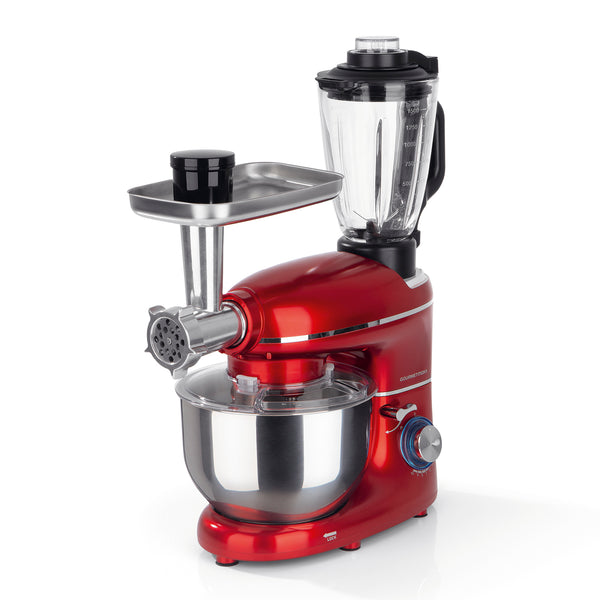 GOURMETmaxx Küchenmaschine 3in1 - 15-tlg. in Metallic Rot mit 1300W Motor, Edelstahl-Schüssel, Mixer und Fleischwolfaufsatz.