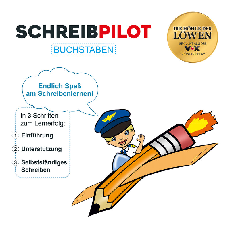 Schreibpilot Heft Buchstaben mit Bleistift/Radiergummi – Lernsystem zum Schreibenlernen in 3 Schritten mit Spaß und Unterstützung.