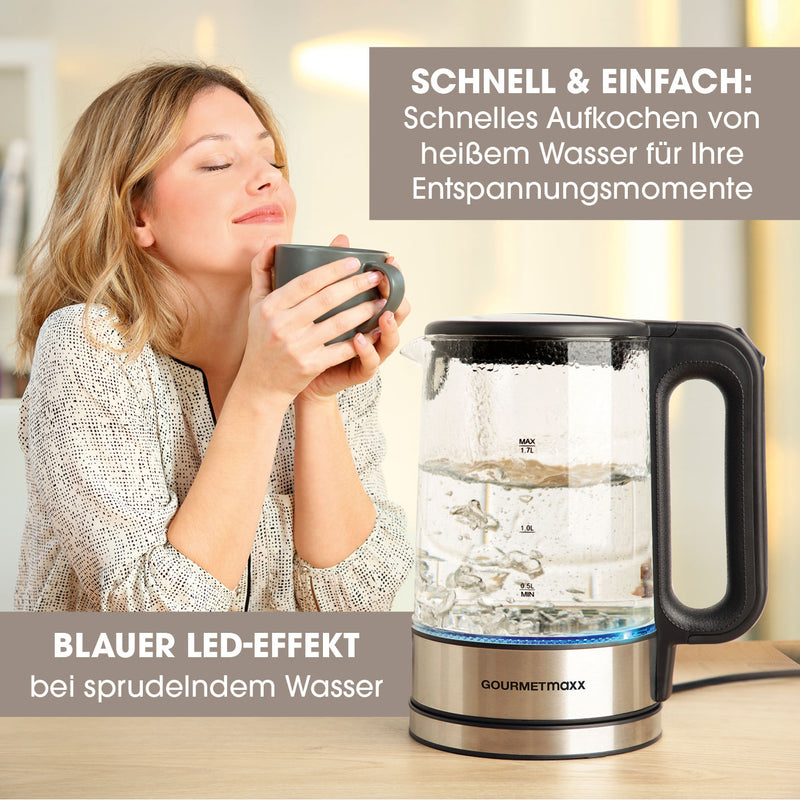 GOURMETmaxx Glas-Wasserkocher LED 1,7l  - Edelstahl/schwarz