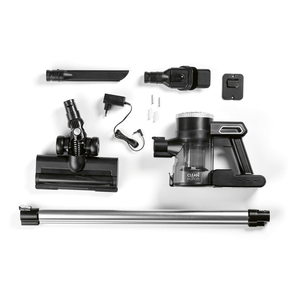 CLEAN Edition Akku-Zyklon-Staubsauger schwarz/silber mit Zubehör, Akku, zwei Saugstufen und 2-Filter-System, kompakt und kabellos.