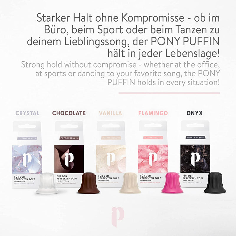PONY PUFFIN Chocolate Schokobraun – innovatives Stylingtool für voluminösen, haltbaren Pferdeschwanz, ideal für braunes Haar.