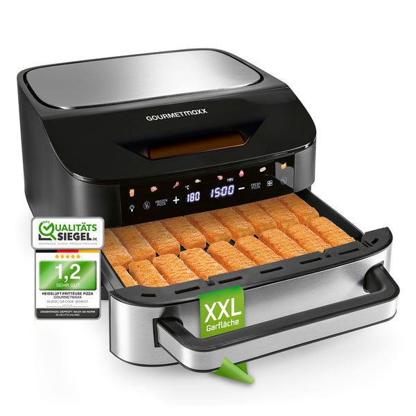GOURMETmaxx Heißluftfritteuse mit XXL-Garfläche 7 L, 10 Programme, Touchscreen, Timer, Innenlicht, 2200 W, Edelstahl.