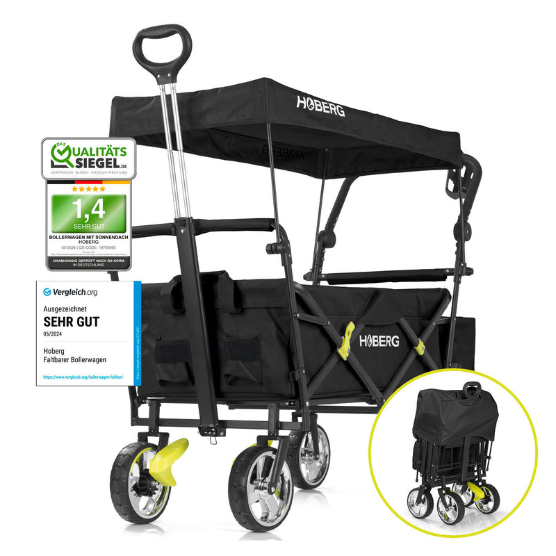 HOBERG faltbarer Bollerwagen mit Dach, einfach aufzubauen, stabil, mit Griff, wasserfestem Dach und 360°-Rädern, ideal für Freizeit.