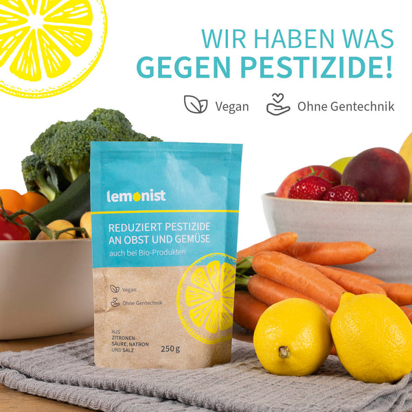 lemonist Pestizid-Reduzierer reduziert Pestizide an Obst und Gemüse, vegan, ohne Gentechnik, aus Zitronensäure, Natron und Salz, 250g Packung