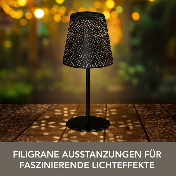 EASYmaxx Solar-Tischleuchte - Schwarz mit filigranen Ausstanzungen und warmweißem Licht für Garten, Terrasse und Balkon.