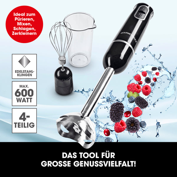 GOURMETmaxx Stabmixer inkl. Rühraufsatz und Messbecher, schwarz/chrom, kraftvoll mit Edelstahlklinge und 600-ml-Mixbecher.