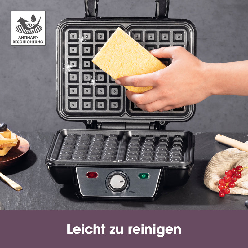 GOURMETmaxx Waffeleisen für Belgische Waffeln mit Antihaftbeschichtung und stufenlos einstellbarem Bräunungsgrad, leicht zu reinigen.