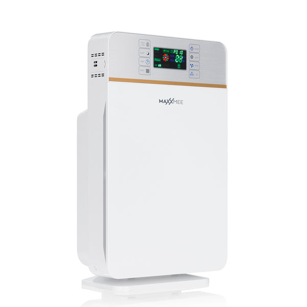 MAXXMEE Digitaler-Luftreiniger weiß/silber mit 6-Stufen-Reinigungsprozess, Timer, Fernbedienung und leiser Lüftung bis 55 dB.