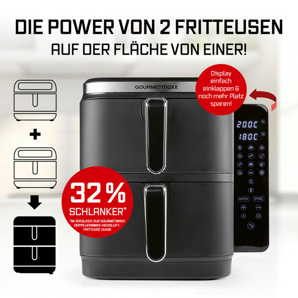 GOURMETmaxx FryUp Vertikale Doppelkammer-Heißluftfritteuse mit 4 Ebenen, 10 Liter Volumen und digitalem Display für platzsparendes Kochen.