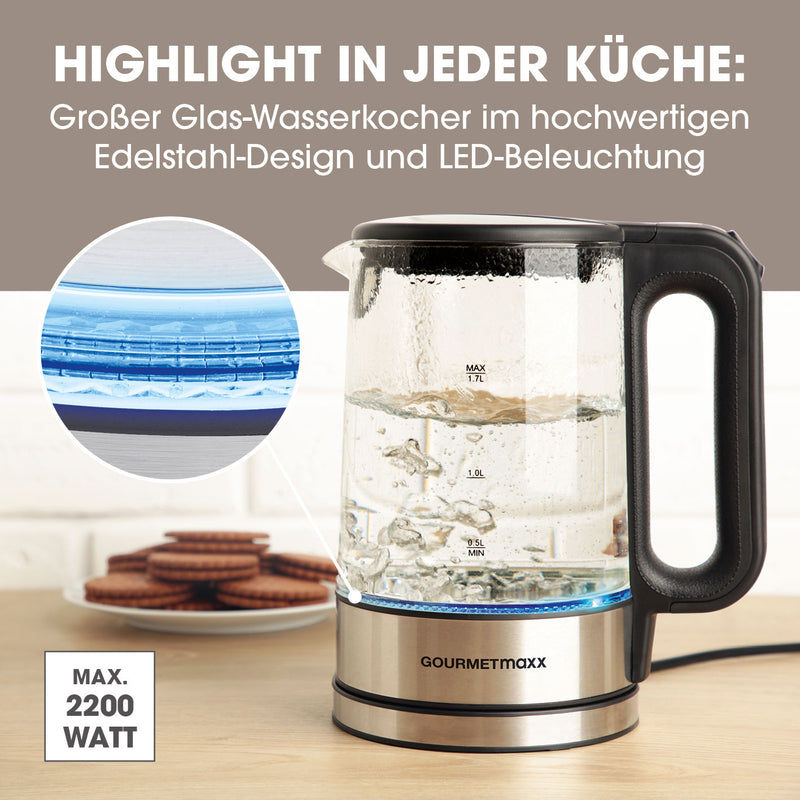 GOURMETmaxx Glas-Wasserkocher LED 1,7l  - Edelstahl/schwarz