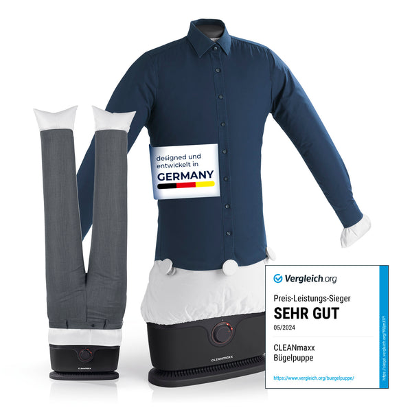 CLEANmaxx Hemdenbügler PRO mit Hosenaufsatz, vollautomatisch, trocknet und bügelt Hemden und Hosen faltenfrei in Schwarz.