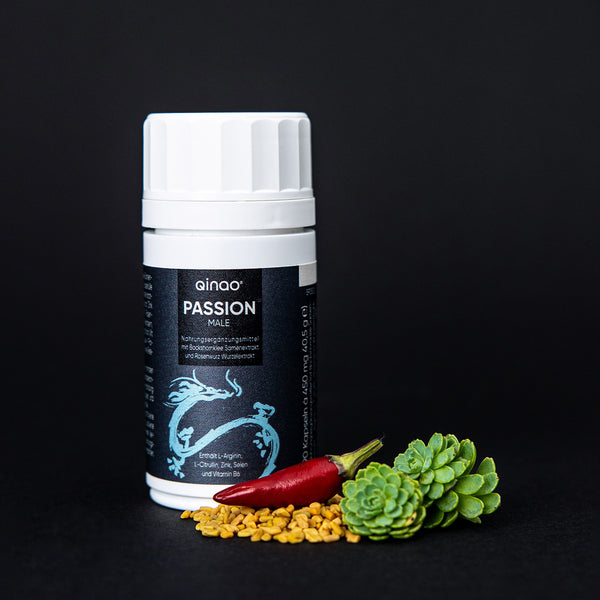 Qinao PASSION MALE Nahrungsergänzungsmittel mit Bockshornklee, Rosenwurz, Chili, Magnesium, Zink und Vitamin B6, vegan und frei von Zucker.