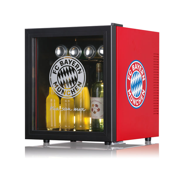 FC BAYERN MÜNCHEN Kühlschrank mit Glastür mit Logo, 50 l, schwarz/rot, 1 verstellbarer Gittereinschub, 5-12 °C, 12-V-Anschluss möglich.