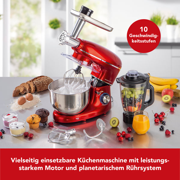 GOURMETmaxx Küchenmaschine 3in1 Metallic Rot mit 1300 W Motor, planetarischem Rührsystem und 5,5 L Edelstahlschüssel.