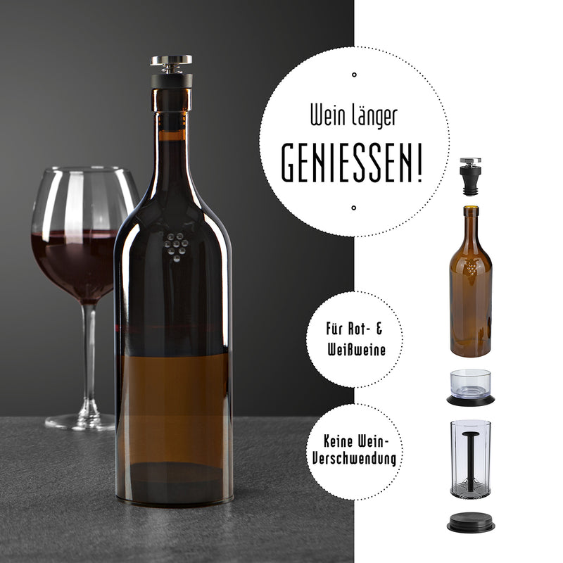 Winemaster Aromaschutz-Flasche - 750 ml - braun - 3er-Set mit verschiebbarem Boden und Edelstahlverschluss für längeren Weingenuss.