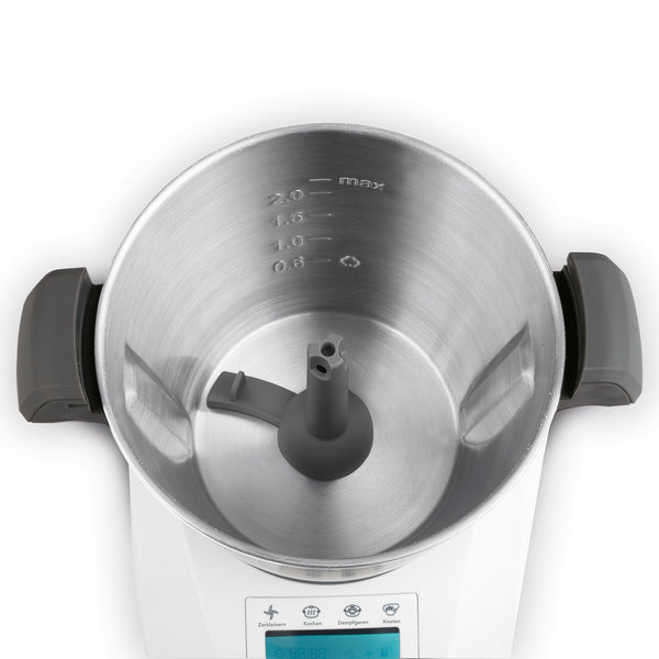 MAXXMEE Thermo-Multikocher - 1000W Edelstahlbehälter mit Messskala und integriertem Rührelement für vielseitiges Kochen.